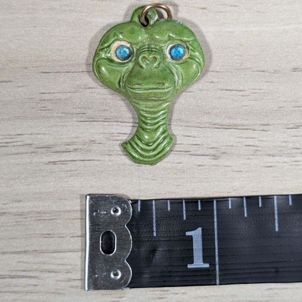 Vintage E.T. Style Alien Head Charm Green Enamel 1980s Pendant